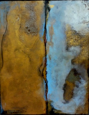 "Komposition I" auf Metall, Mischtechnik auf rostiger Metallplatte, 98 cm x 78 cm, 2017